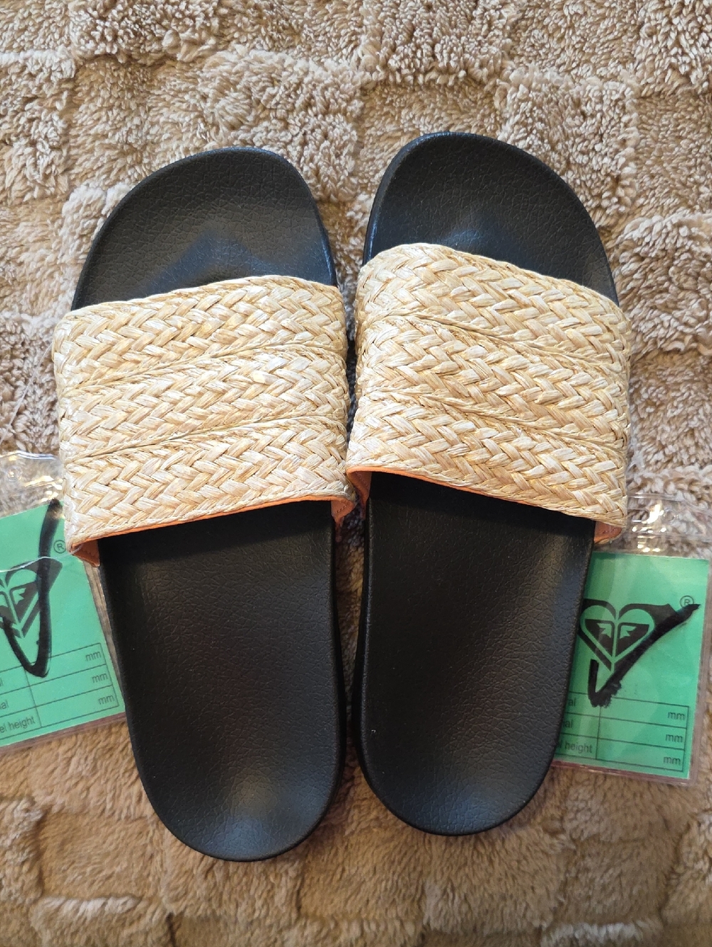 Roxy Black Slide Sandals with Natural Straw Strap